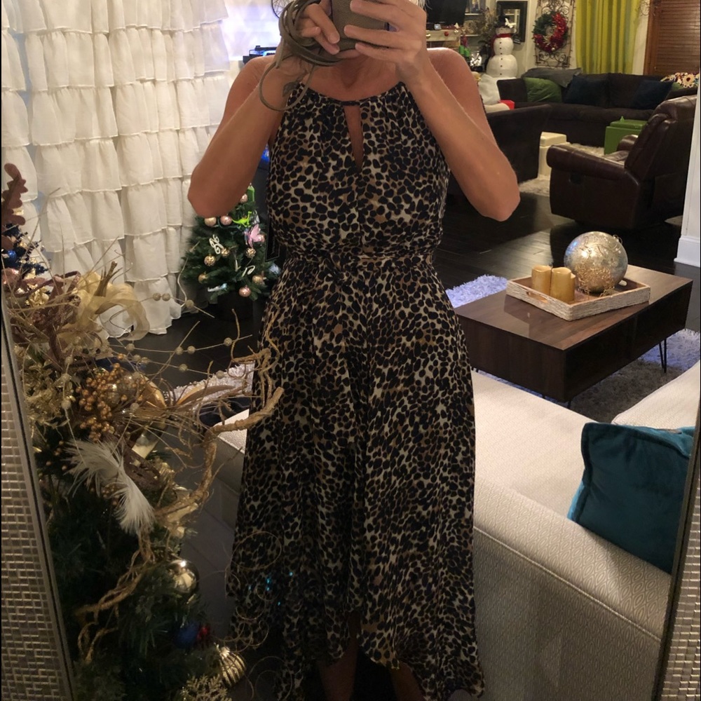 Navy and brown leopard print dress